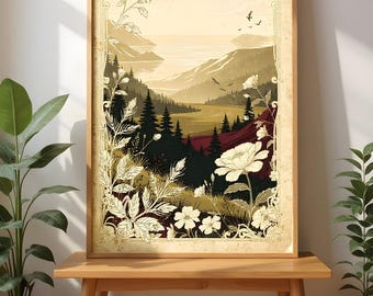 Mountains Landscape Print, Vintage Style Digital Download | Printable Wall Art, Cottagecore Decor