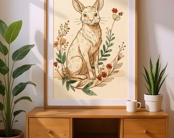 Hand-Drawn Fox Floral Art Print: Elegant Animal Wall Art (Digital Download)