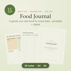 May include: An 11-page printable and digital food journal with a gentle non-diet food and mood diary. The pages feature sections for tracking food and mood logs, relationship with food, energizing foods, and triggers in US Letter size.