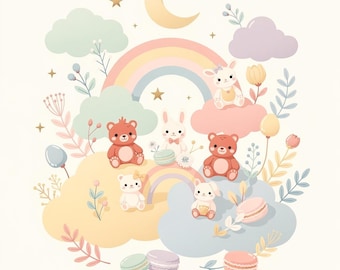 Pastel Teddy Bear Nursery Wall Art: Whimsical Rainbow Clouds Illustration (Digital Download)
