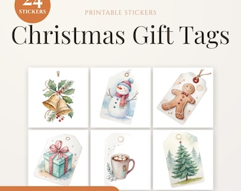Watercolor Christmas Gift Tags | 24 PNG Holiday Stickers (Digital Download)