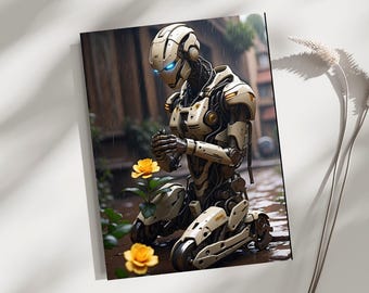 May include: A digital art print featuring a kneeling robot with glowing blue eyes, holding a yellow flower. The robot is white and beige, with intricate mechanical details. The background shows a rainy street scene with buildings and foliage.
