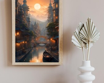 Fantasy Cityscape Art Print: Magical Sunset Canal Scene (Digital Download