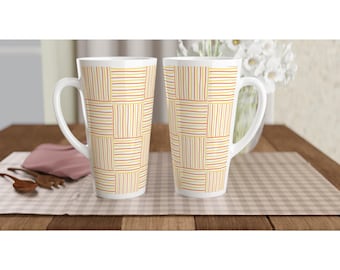 Medium Orange and Yellow Patterned White Latte 17oz Ceramic Mug