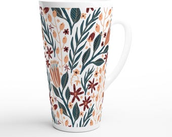 Ochre and Olive Floral Pattern | White Latte 17oz Ceramic Mug