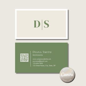 May include: Two business cards with a minimalist design. The top card has the initials "DS" in a dark green color on a light beige background. The bottom card is dark green with contact information, including a QR code and the text "DIANA SMITH".