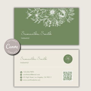 May include: Business card template featuring a floral design and the name "Samantha Smith, Therapist." The top card is olive green with a white floral illustration. The bottom card is off-white with contact information and a QR code.