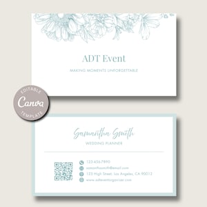 May include: Two business cards with a floral design. The top card reads "ADT Event" and "MAKING MOMENTS UNFORGETTABLE." The bottom card says "Samantha Smith, Wedding Planner" with contact information and a QR code. The cards have a light blue and white color scheme.