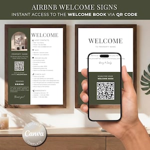 Könnte beinhalten: Zwei gerahmte Airbnb-Willkommensschilder mit dunklen Holzrahmen, weiß-olivgrünem Design, Text für Hausregeln, Gastgeberkontakten und QR-Codes für ein digitales Willkommensbuch, präsentiert neben einem Smartphone, das einen QR-Code scannt.