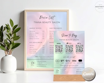 Beauty Salon Scan to Pay Sign & Price List Template : Holographic Gradient (Editable Canva Template)