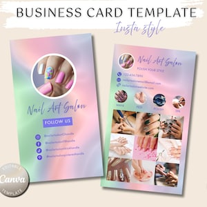 May include: Business card template for a nail art salon. The design features a gradient background with pink, green, and purple hues. The card includes the salon's name, contact information, and a photo of manicured nails. The text "Insta style" is also present.