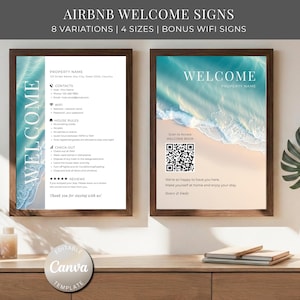 Airbnb Welcome Sign QR Code | Modern Vacation Rental VRBO Beach House Rules ,Wifi Password Sign, Wall Poster 4 Sizes (Canva Template)