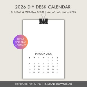 Könnte beinhalten: Weißer 2026 DIY-Schreibtischkalender mit schwarzer Büroklammer. Der Kalender enthält den Monat Januar, mit Sonntag- und Montag-Start, und ist in den Größen A4, A5, A6 und 5x7 Zoll erhältlich. Enthält einen Bonus-Halbjahreskalender.