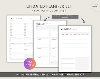 Minimalist Undated Planner: Daily, Weekly, Monthly A4 A5 Letter Medium Sizes (Instant Download)