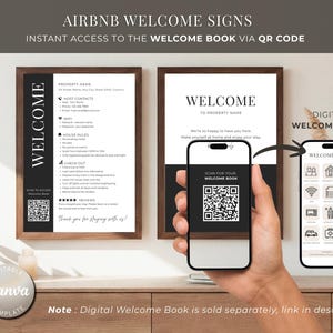 Airbnb-welkomstbord | Sjabloon VRBO-hosts welkomstborden met downloadlink voor QR-code voor gastenboek | Bedankkaarten (bewerkbaar canvas)