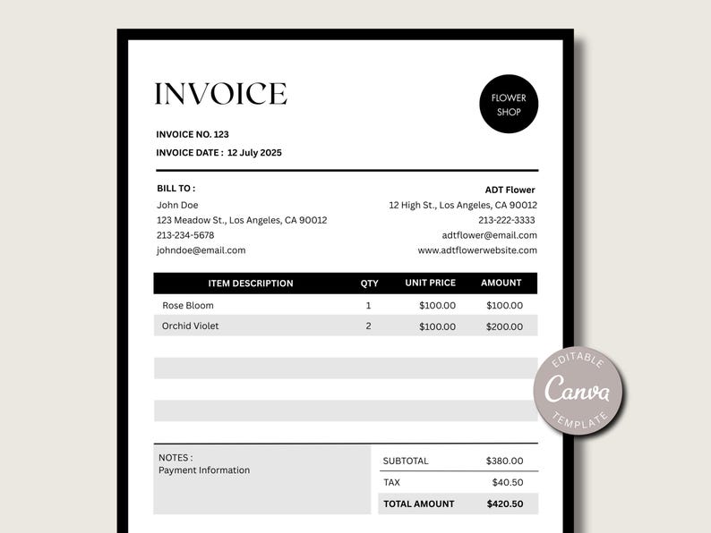 Editable Business Invoice Template: Custom Order Form, Billing Receipt ...