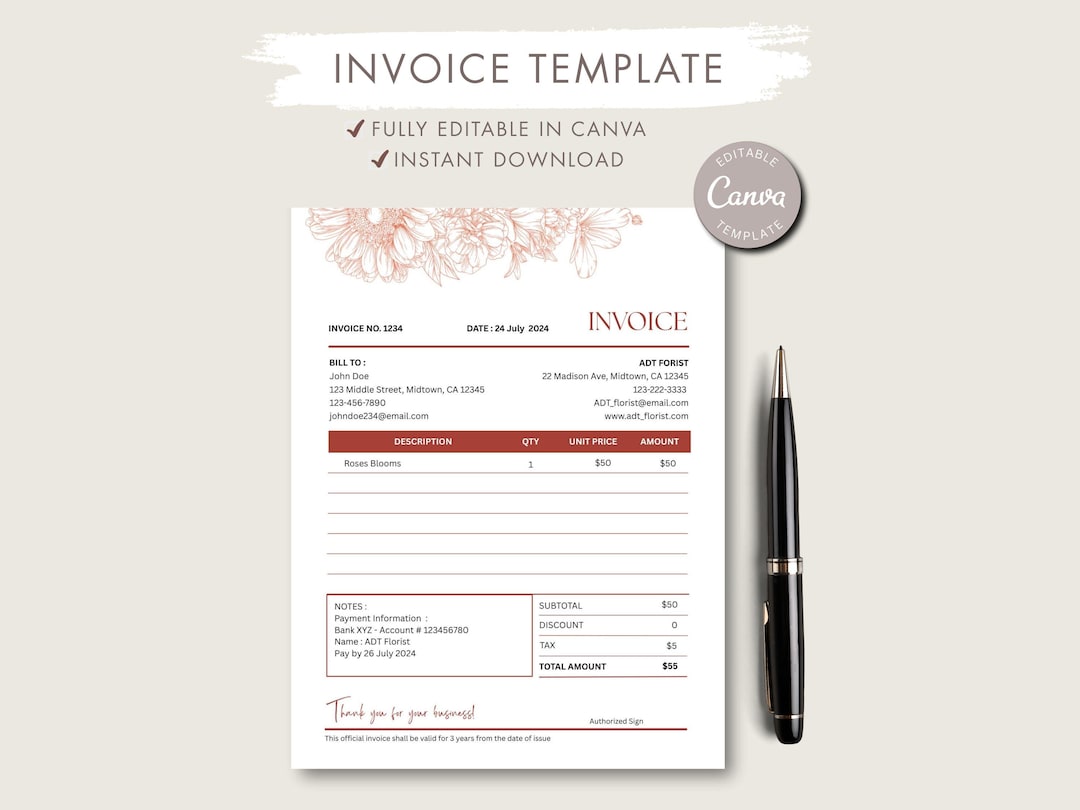 Floral Invoice Template: Editable Small Business Order Form, Printable ...