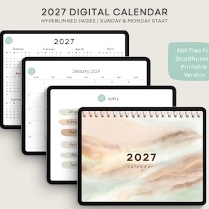Calendrier numérique mensuel 2027 : agenda minimaliste moderne PDF pour Ipad Goodnotes avec imprimés annuels 2027 2028