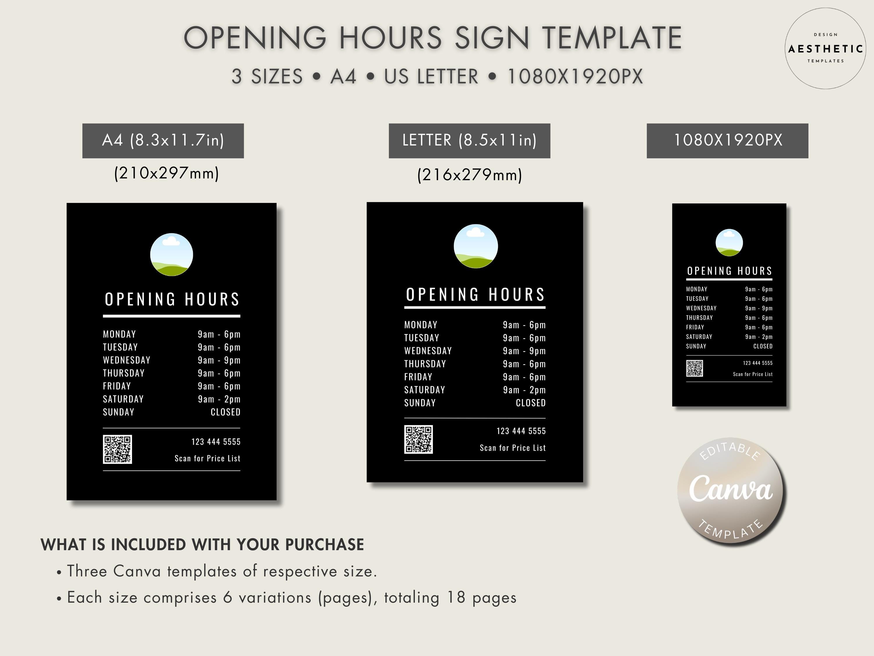Receiving Hours Sign Editable Opening Hours Sign Template | Editable Canva Business Hours Sign ...