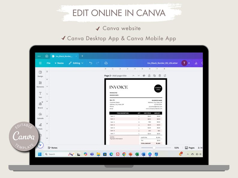 Editable Business Invoice Template: Custom Order Form, Billing Receipt ...