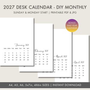 Calendario da scrivania fai da te 2027 / Mini agenda mensile vuota moderna e minimalista (stampabili in PDF e JPG) A4 A5 A6 5 x 7 pollici 4 x 6 pollici
