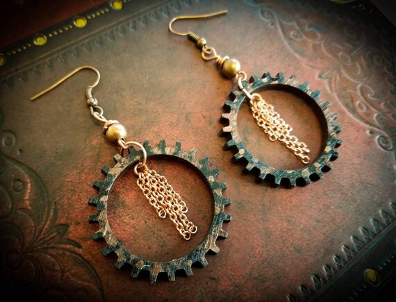Dangle Earrings Steampunk Gold Gears jewelry Hoop Earrings