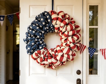 USA 250th Anniversary Burlap Wreath, Patriotic 4th of July Front Door Hanger, Red White Blue Farmhouse Decor