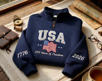 Sweatshirt VS 250 jaar, kwartrits 1776-2026 jubileumsweater, shirt met geborduurde vlag, cadeau Fourth of July