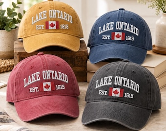 Boné bordado do Lago Ontário, boné estilo "Dad Hat" em algodão lavado, boné exclusivo para lembrança de viagem ao Canadá.