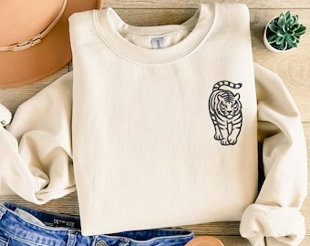 Tijger geborduurd sweatshirt, tijger silhouet hoodie, wild dier geborduurd shirt, heren dierenliefhebber sweater, cadeau voor hem