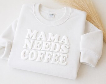 Sweater van Coffee Mama, hoodie met retro bladerdeegprint, shirt mama heeft koffie nodig, trui met reliëf koffieliefhebber, cadeau voor moeder