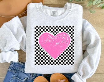 Kariertes Herz Valentine Sweatshirt, Retro Valentinstag Shirt, Herz Crewneck Pullover, Geschenk für Valentinstag, niedlicher Valentinstag Hoodie