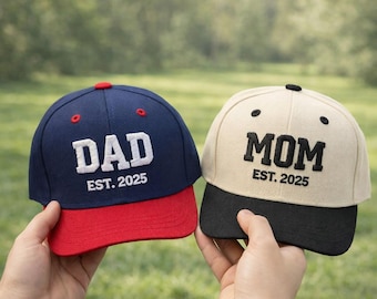 Mom Dad Bestickter Hut, Custom Date Dad Hut, Vintage Baseball Trucker Cap, passendes Geschenk für Mom Dad, Schwangerschaft offenbaren Muttertagsgeschenk