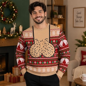 Könnte beinhalten: Ein beigefarbener Langarmpullover mit einem rot-grünen Weihnachtsmuster aus weißen Schneeflocken und Glocken. In der Mitte der Brust befindet sich eine große, grafische Abbildung von zwei beigen, texturierten, abgerundeten Formen.