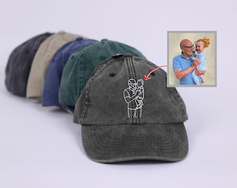 Custom Photo Embroidered Cap, Personalized Family Portrait Dad Hat, Vintage Washed Baseball Cap, Unique Fathers Day Gift for Him