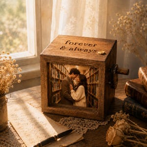May include: A square wooden music box with a dark brown finish featuring the engraved text forever & always on the top surface. The front panel displays a photograph of a couple embracing in a library. A metal crank handle is on the side.