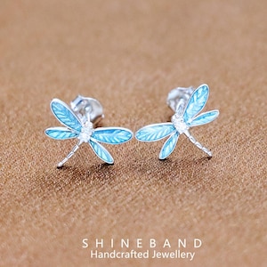 Blue Dragonfly Stud Earrings - Hand-Painted Enamel Insect Jewelry - 925 Sterling Silver Nature Inspired Earrings