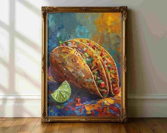 Taco Kitchen Still Life Wall Art – Mexican Food Painting Print, Rustic Taco Artwork, Lime & Street Food Poster, Food Lover Kitchen Decor