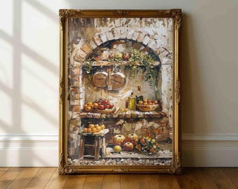 Rustic Italian Kitchen Still Life Wall Art – Mediterranean Pantry Painting Print, Olive Oil & Tomatoes Decor, Tuscan Kitchen Poster