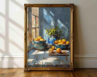 Kitchen Still Life Wall Art – Citrus Fruit Painting Print, Blue Vase Kitchen Decor, Rustic Sunlit Kitchen Still Life Poster