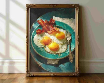 Fried Eggs and Bacon Kitchen Still Life Wall Art Print, Breakfast Food Painting, Rustic Kitchen Decor, Farmhouse Dining Wall Art