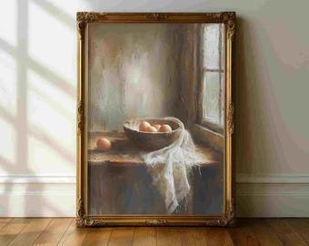 Eggs Kitchen Still Life Wall Art – Rustic Farmhouse Egg Painting Print, Neutral Kitchen Decor, Modern Food Still Life Poster