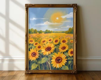 Sunflower Field Wall Art, Impressionist Landscape Print, Golden Summer Flowers Painting, Bright Nature Decor, Vintage Style Art