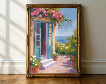 Mediterranean Coastal Door Wall Art – Greek Seaside Painting Print, Bougainvillea Ocean View Decor, European Summer Home Gift