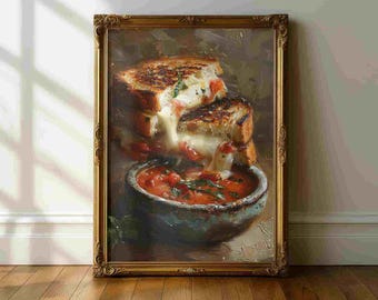 Grilled Cheese Kitchen Still Life Wall Art – Cozy Food Painting Poster, Rustic Cafe Decor, Melted Cheese Toast Art, Warm Kitchen Wall Decor