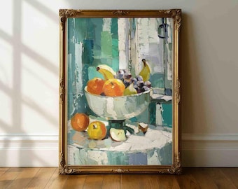 Fruit Bowl Kitchen Still Life Wall Art – Citrus & Banana Painting Print, Rustic Kitchen Decor, Modern Fruit Still Life Poster