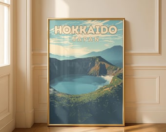 Hokkaido Japan Travel Poster, Vintage Lake Mashu Wall Art Print, Japanese Mountain Landscape Decor, Retro Tourism Gift