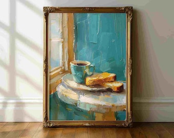 Kitchen Still Life Wall Art Print – Coffee and Toast Painting Poster, Teal Cafe Breakfast Art, Rustic Kitchen Decor, Modern Food Still Life