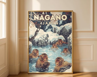 Nagano Japan Snow Monkeys Poster, Vintage Onsen Travel Art, Winter Hot Spring Illustration, Japanese Nature Wall Decor