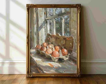 Eggs Kitchen Still Life Wall Art – Rustic Farmhouse Egg Painting Print, Neutral Kitchen Decor, Modern Food Still Life Poster